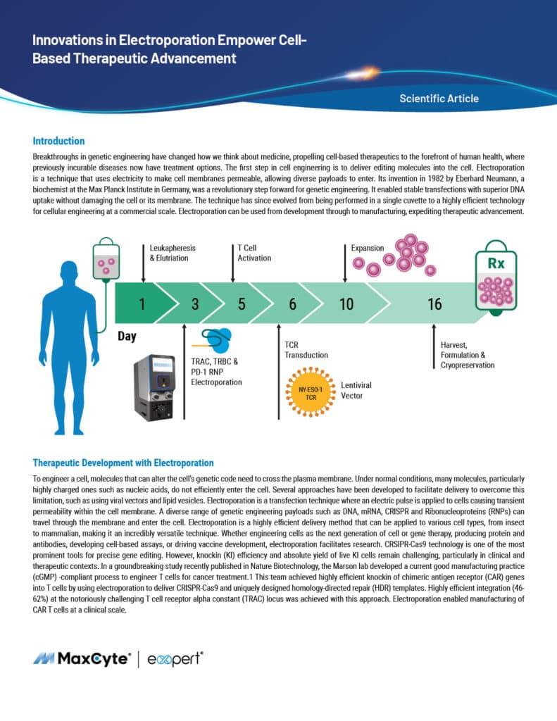 Article cover for "Innovations in Electroporation Empower Cell-Based Therapeutic Advancement."