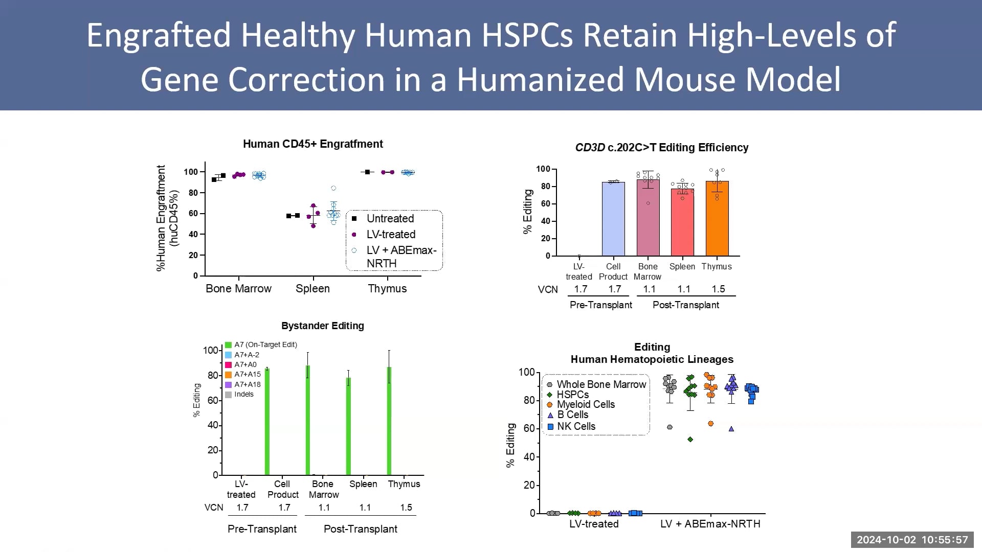 Engrafted healthy human HSPCs retain high levels of gene correction in a humanized mouse model graphs