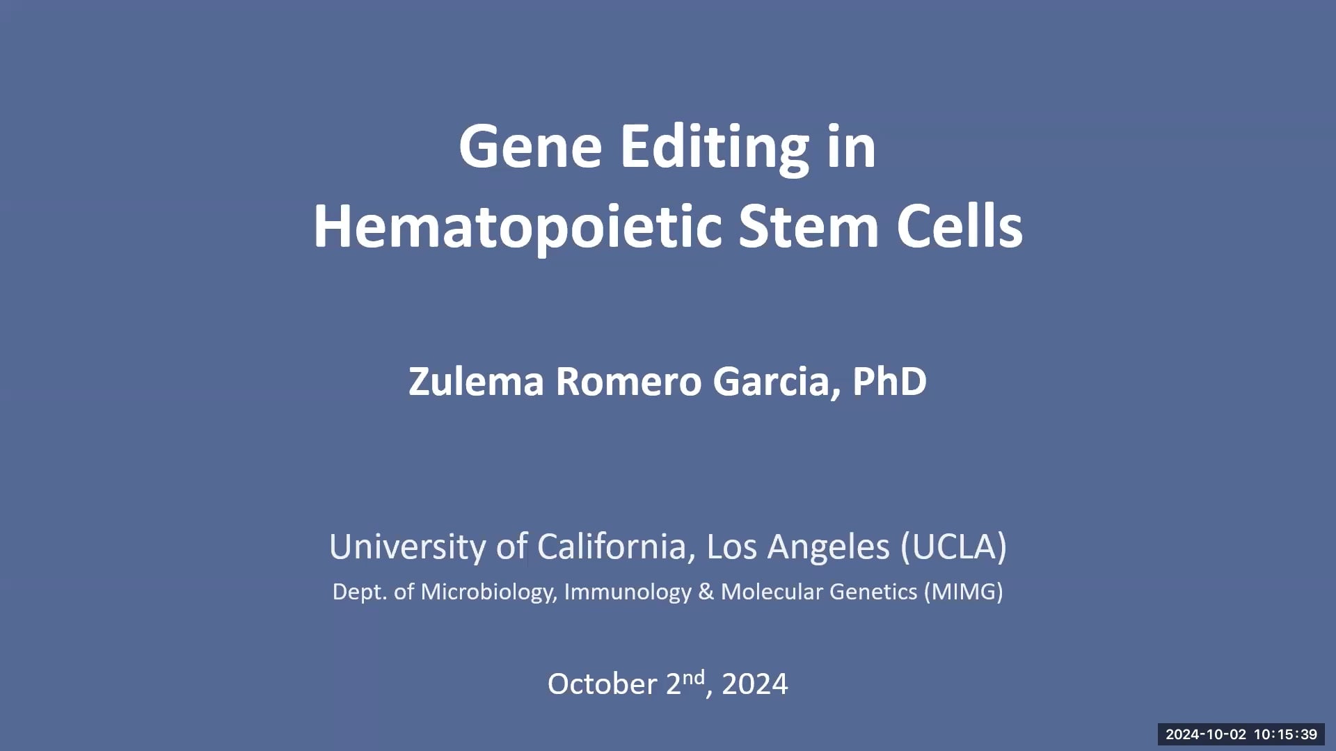 Cover slide of gene editing in hematopoietic stem cells presentation