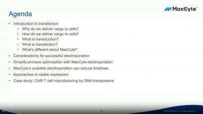 Cover slide of the Overcome the limitations of conventional transfection with MaxCyte electroporation presentation