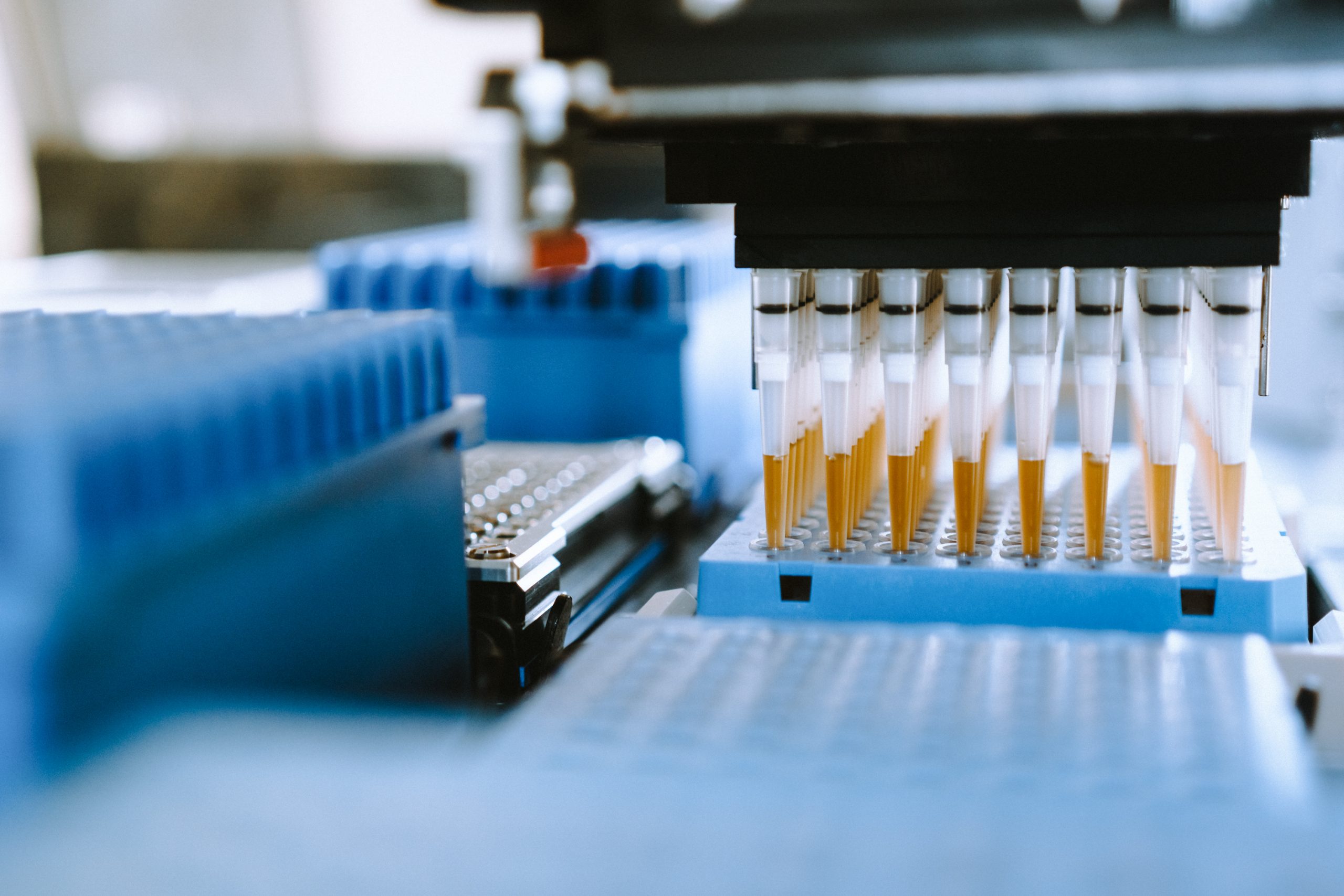 Automation in the clinical laboratory. Pipetting robot laboratory. Medicine robotics. NGS DNA diagnostics. Research and science background