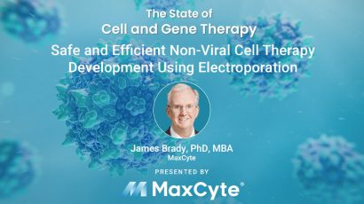 Slide with blue proteins introducing James Brady's webinar on non-viral cell therapy development using MaxCyte's electroporation technology