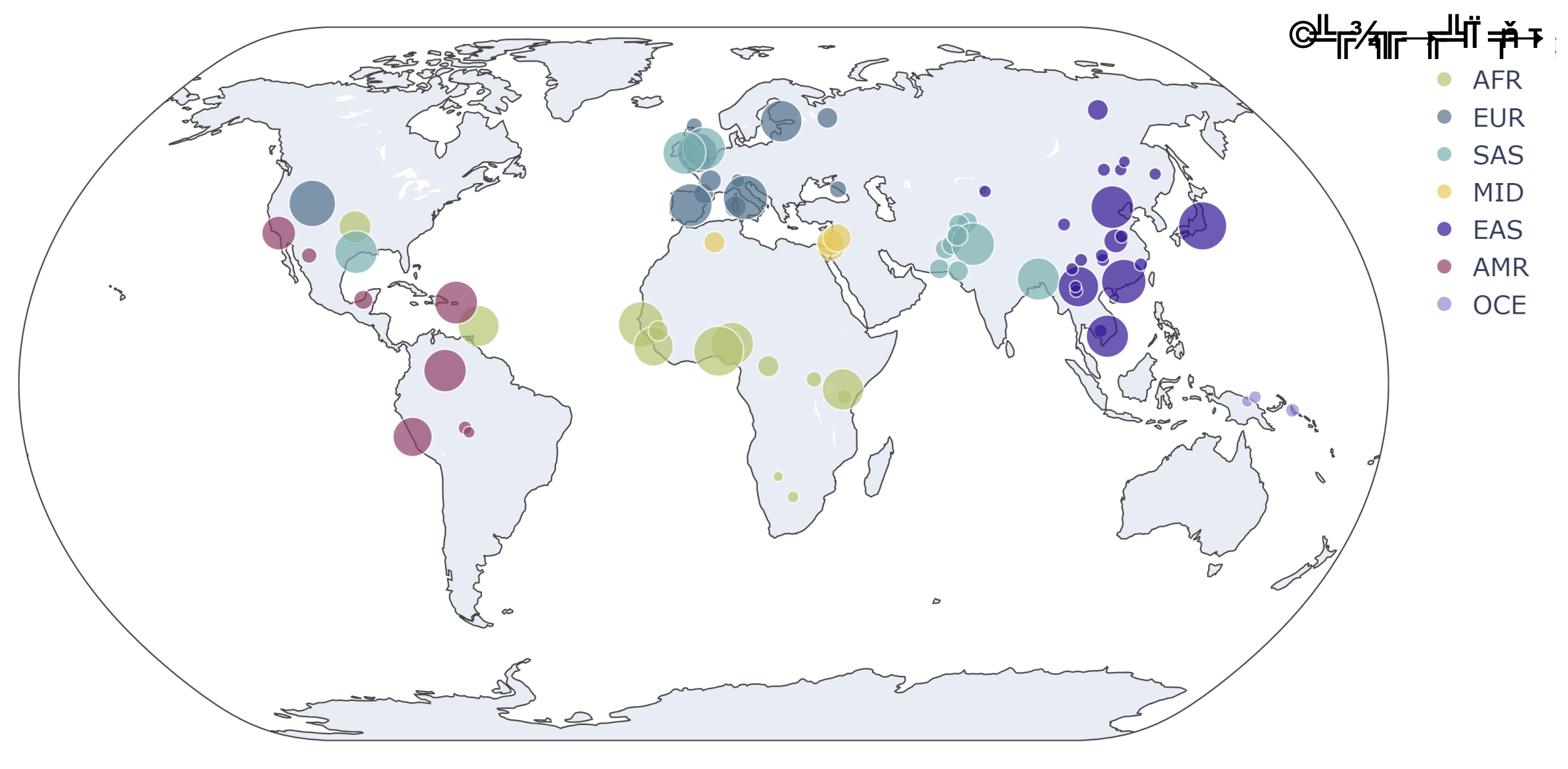 A map of the world with different colored dots representing the varying number of samples across different geographic regions.