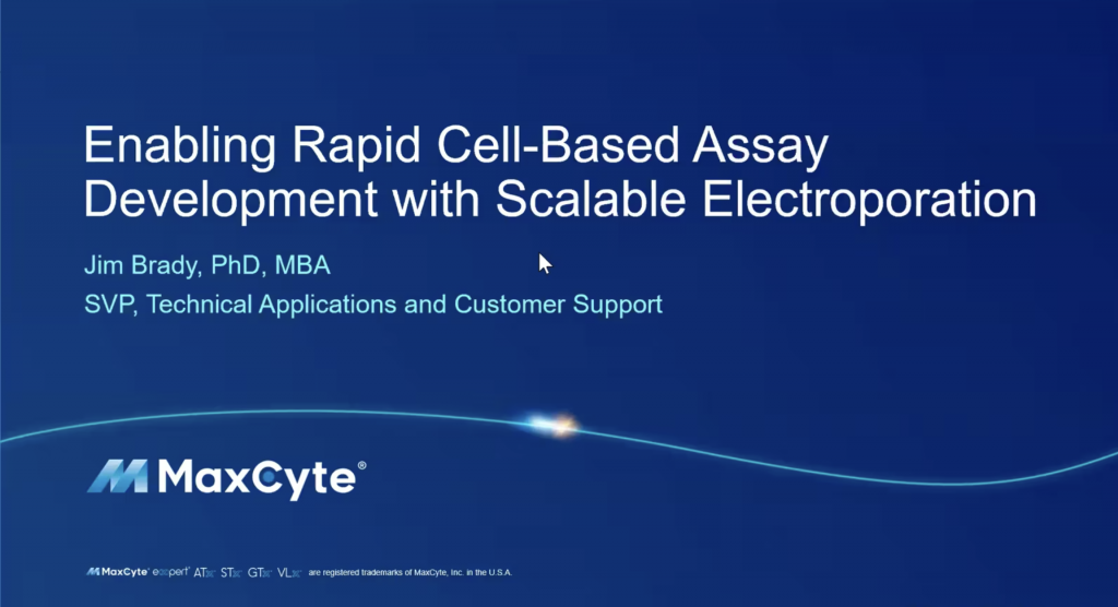 Title slide of Jim Brady's presentation on rapid cell-based assay development with electroporation