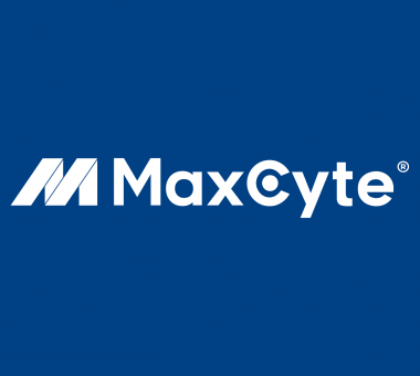 Square banner in a dark blue with the MaxCyte company logo in all white.