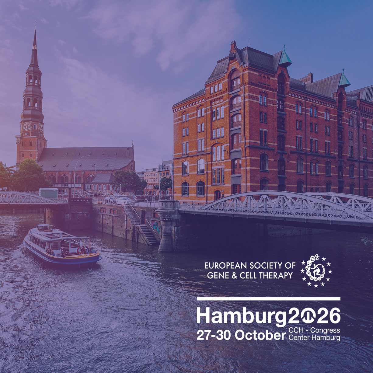 Decorative banner. Includes image the city of Hamburg Germany with a purple colored overlay. Logos for the European Society of Gene & Cell Therapy appears in the lower right corner with the words Hamburg 2026 below along with the date of the event - October 23 to 30 2026